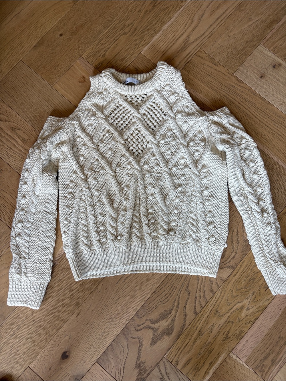 Zara Cream Cold-Shoulder Cable Knit Sweater